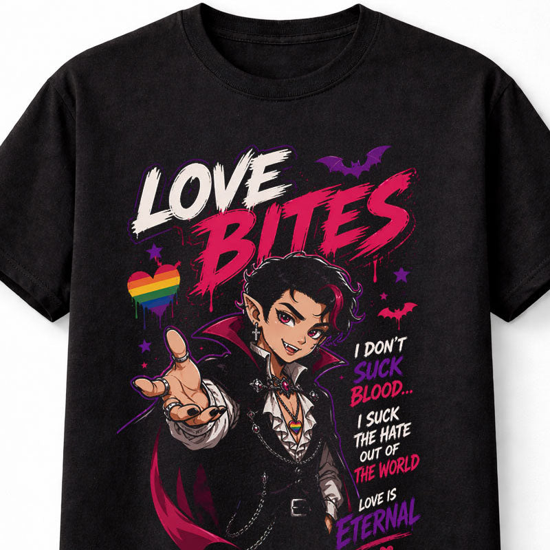 LGBTQ PRIDE Love Bites Gothic Vampire Rainbow Graphic Pride Unisex T-Shirt