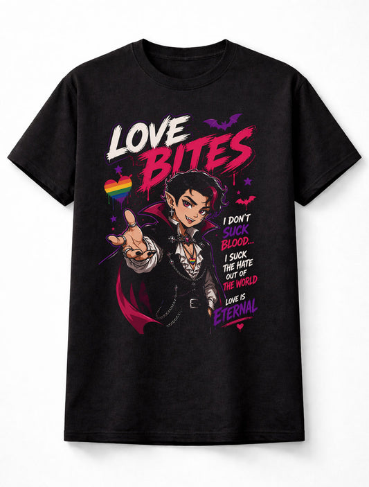 LGBTQ PRIDE Love Bites Gothic Vampire Rainbow Graphic Pride Unisex T-Shirt