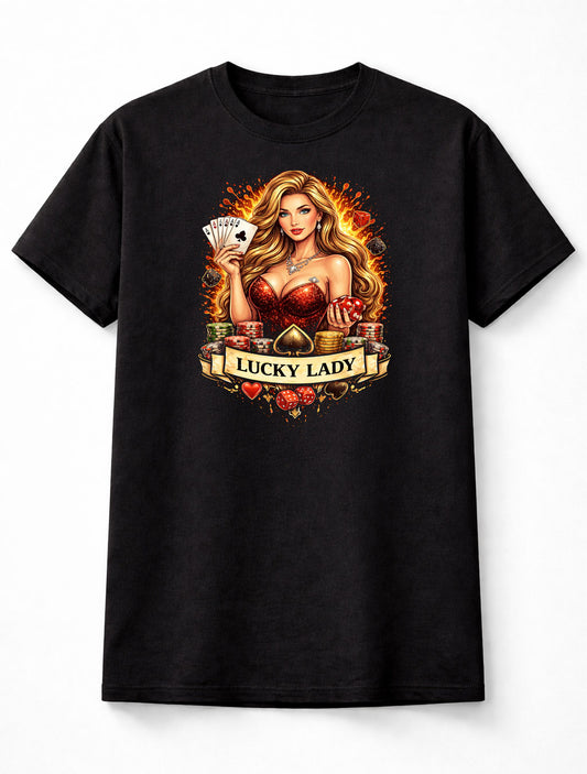 Casino T Shirt Lucky Lady Gambling Poker Pin Up Tattoo Tee Unisex Black