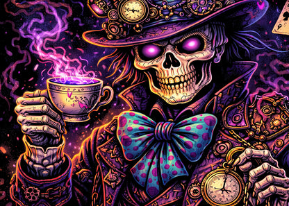 Mad Hatter Skeleton T Shirt Gothic Skull Tea Party Alice Dark Fantasy Art