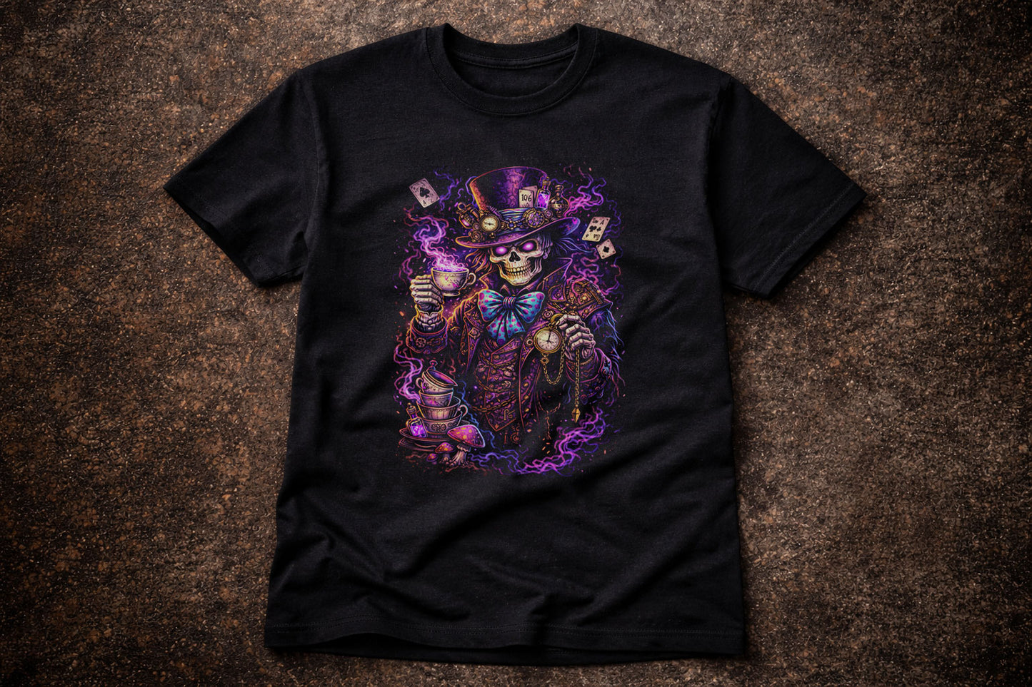 Mad Hatter Skeleton T Shirt Gothic Skull Tea Party Alice Dark Fantasy Art