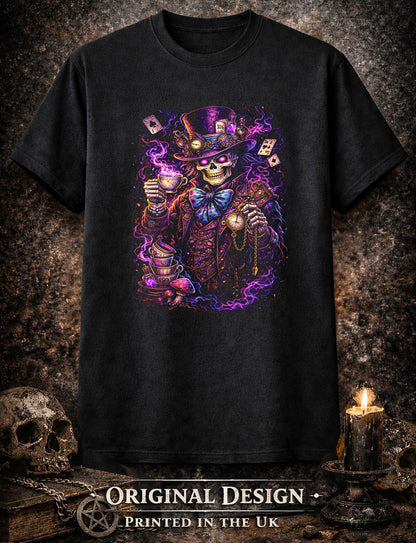Mad Hatter Skeleton T Shirt Gothic Skull Tea Party Alice Dark Fantasy Art