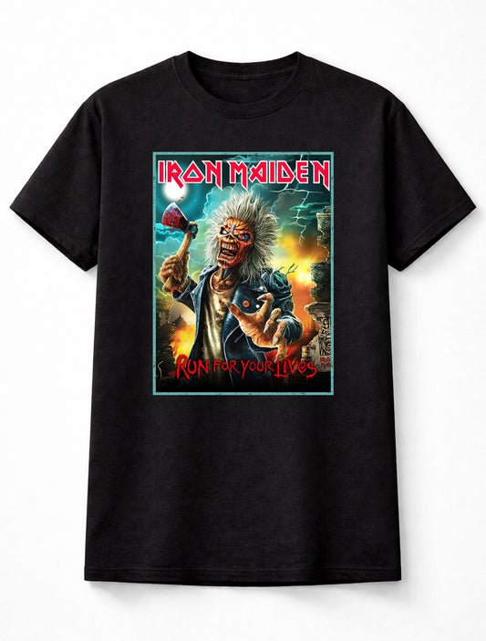 Iron Maiden T-Shirt Eddie Run For Your Lives Unisex Black Graphic Tee