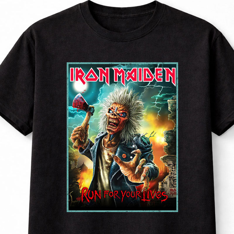 Iron Maiden T-Shirt Eddie Run For Your Lives Unisex Black Graphic Tee