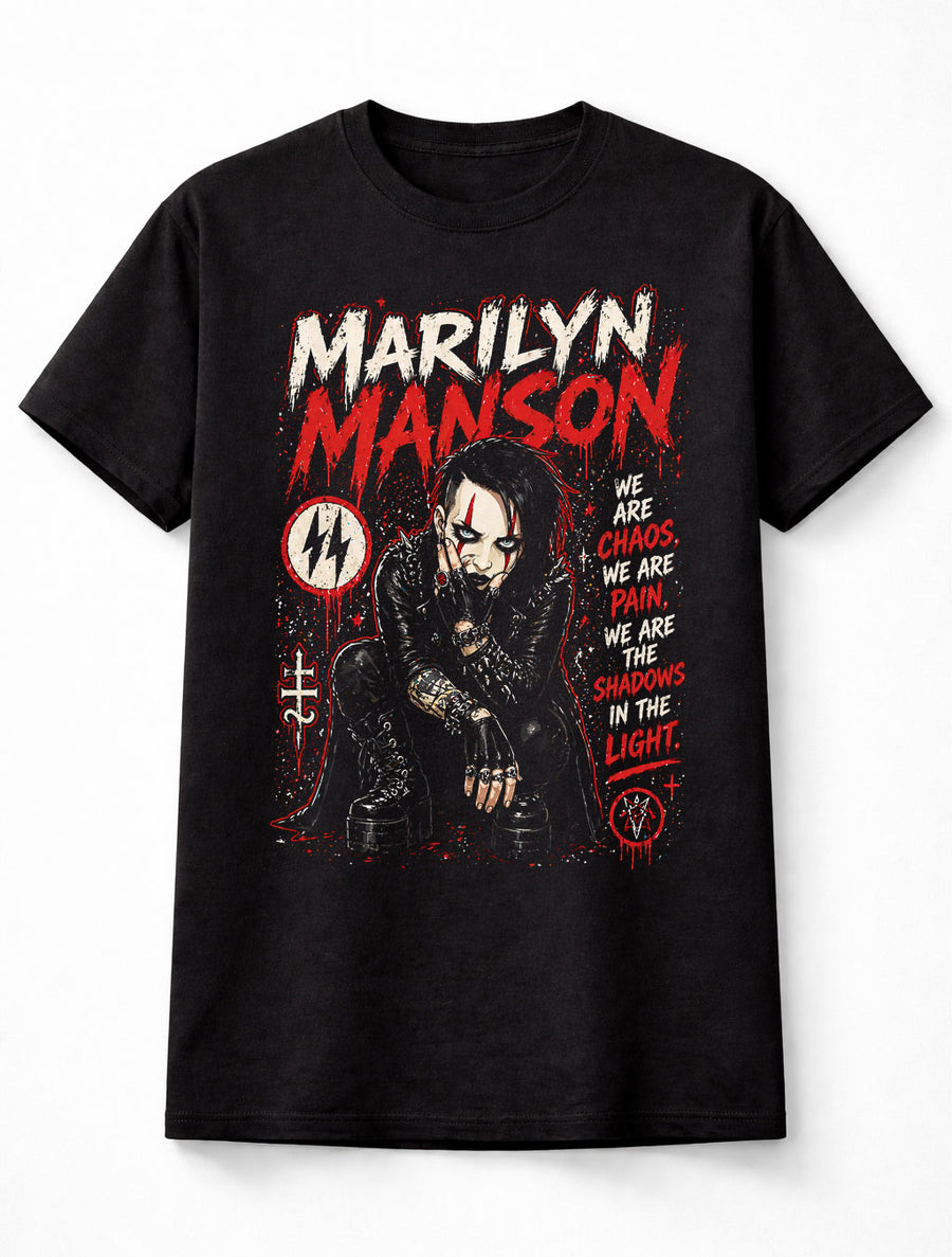 Marilyn Manson Inspired Gothic Graphic T-Shirt Dark Rock Industrial Metal Tee Red Black Grunge Adults & Kids Unisex T-Shirt