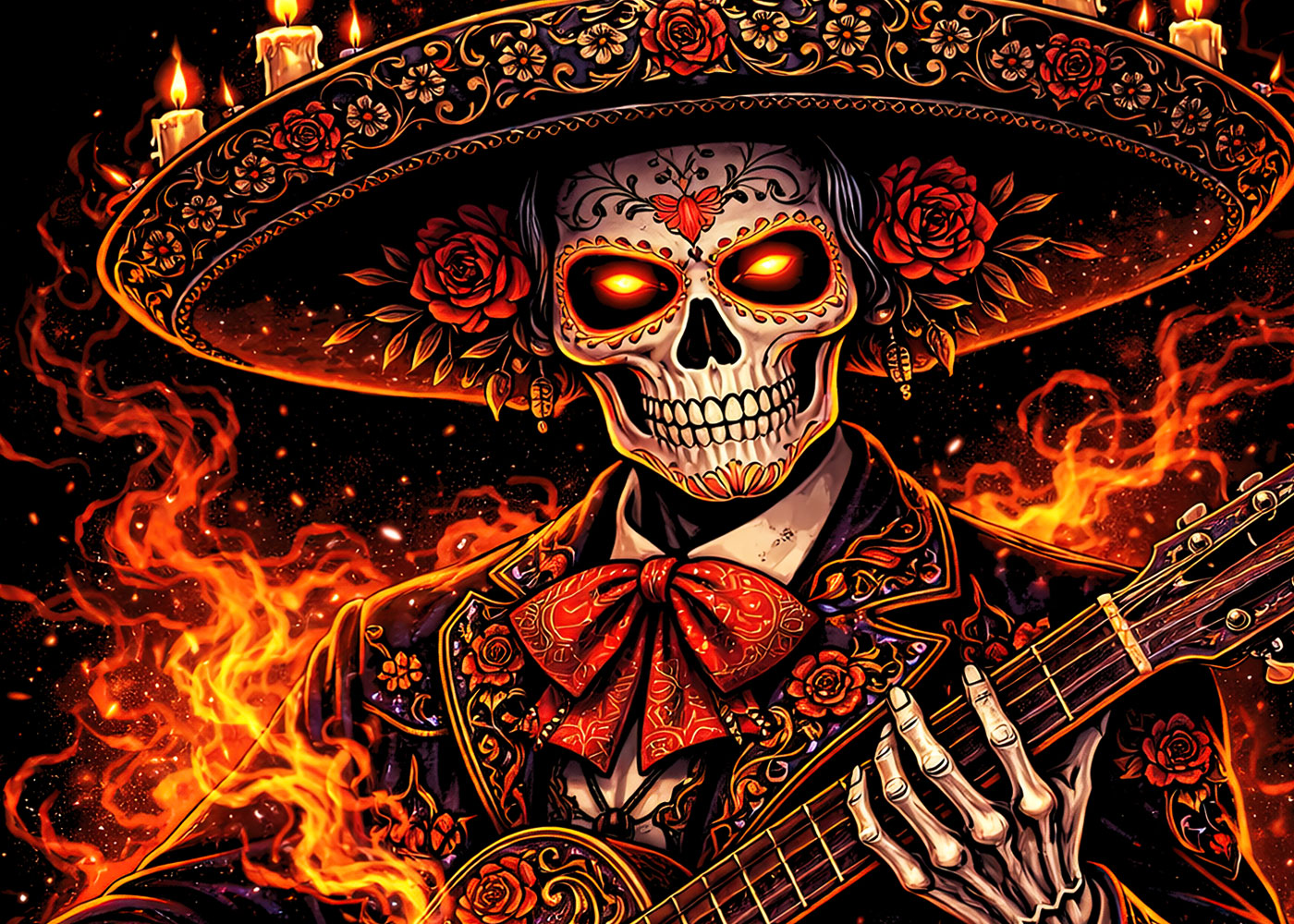 Mariachi Skeleton Guitar T Shirt Day of the Dead Skull Gothic Fire Art Tee
