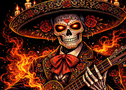Mariachi Skeleton Guitar T Shirt Day of the Dead Skull Gothic Fire Art Tee