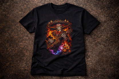 Mariachi Skeleton Guitar T Shirt Day of the Dead Skull Gothic Fire Art Tee