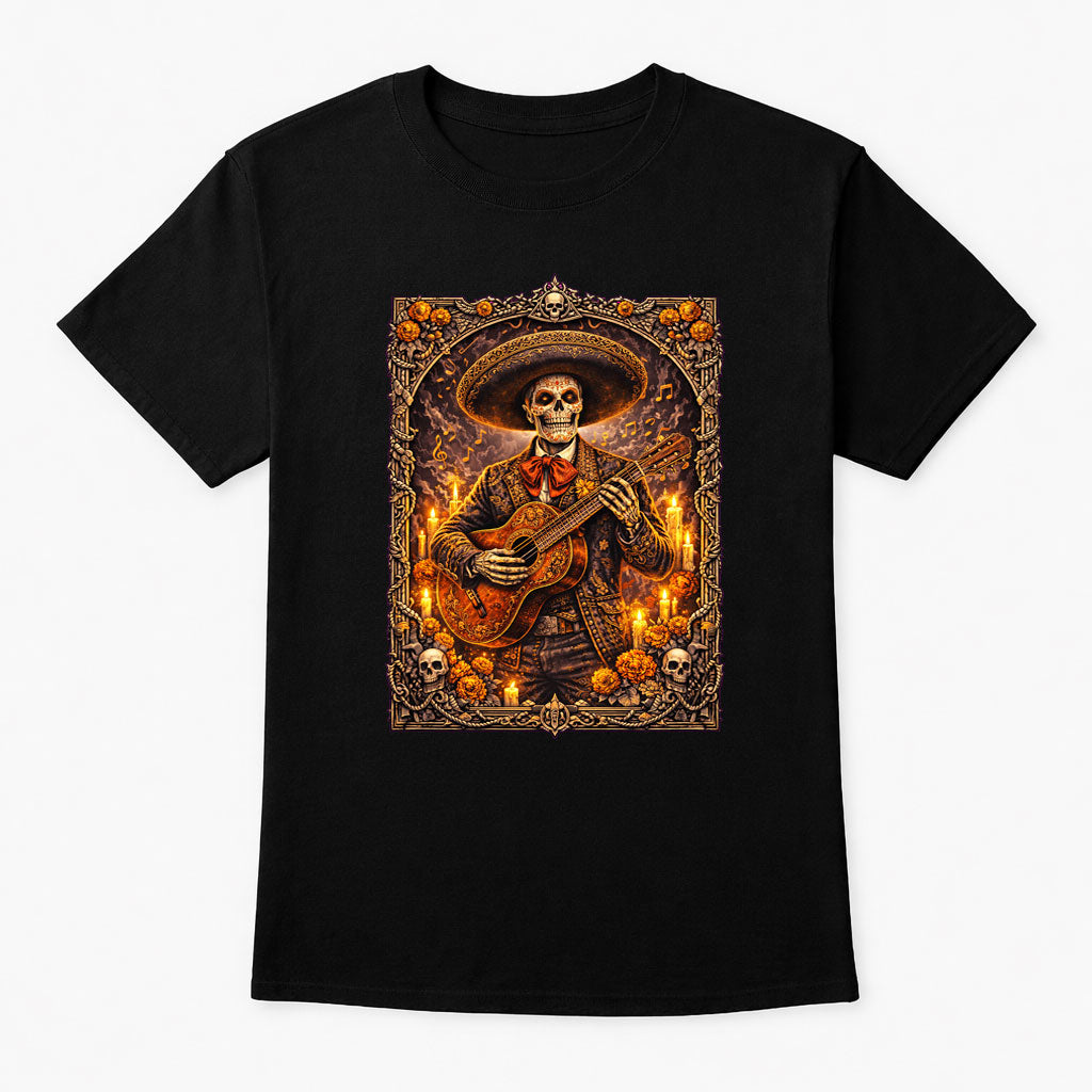 Day of the Dead Mariachi Skeleton Guitarist T-Shirt Unisex Sugar Skull Art Tee