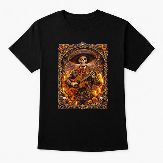 Day of the Dead Mariachi Skeleton Guitarist T-Shirt Unisex Sugar Skull Art Tee