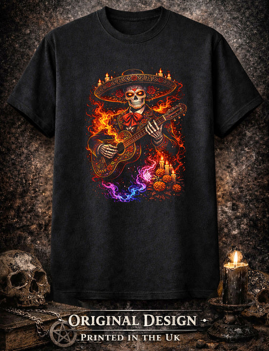 Mariachi Skeleton Guitar T Shirt Day of the Dead Skull Gothic Fire Art Tee