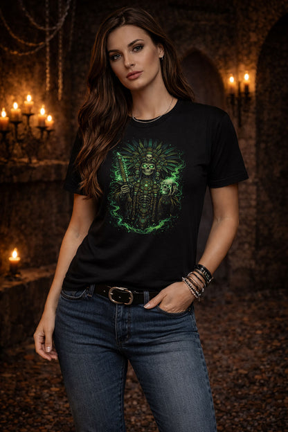 Mayan Skull Warrior T Shirt Aztec Death God Skeleton Gothic Green Fire Art Tee