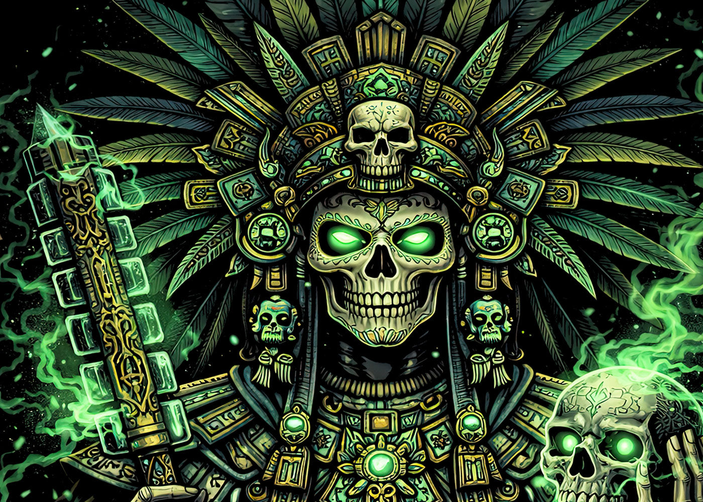 Mayan Skull Warrior T Shirt Aztec Death God Skeleton Gothic Green Fire Art Tee