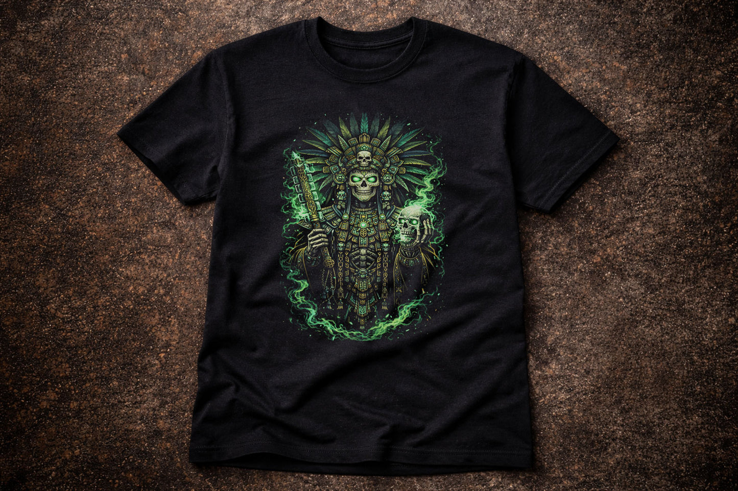 Mayan Skull Warrior T Shirt Aztec Death God Skeleton Gothic Green Fire Art Tee