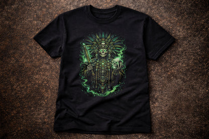 Mayan Skull Warrior T Shirt Aztec Death God Skeleton Gothic Green Fire Art Tee