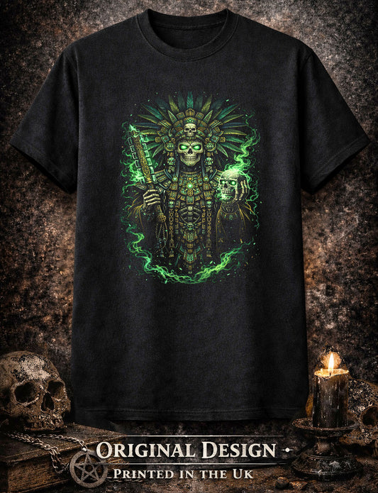 Mayan Skull Warrior T Shirt Aztec Death God Skeleton Gothic Green Fire Art Tee