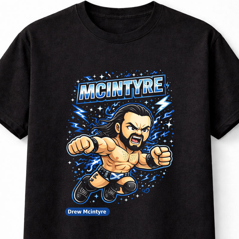 Drew McIntyre Cartoon Wrestler T-Shirt Scottish Warrior Unisex Adults & Kids