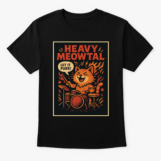 Heavy Meowtal Unisex T-Shirt Funny Cat Rock Metal Drummer Kitty Tee