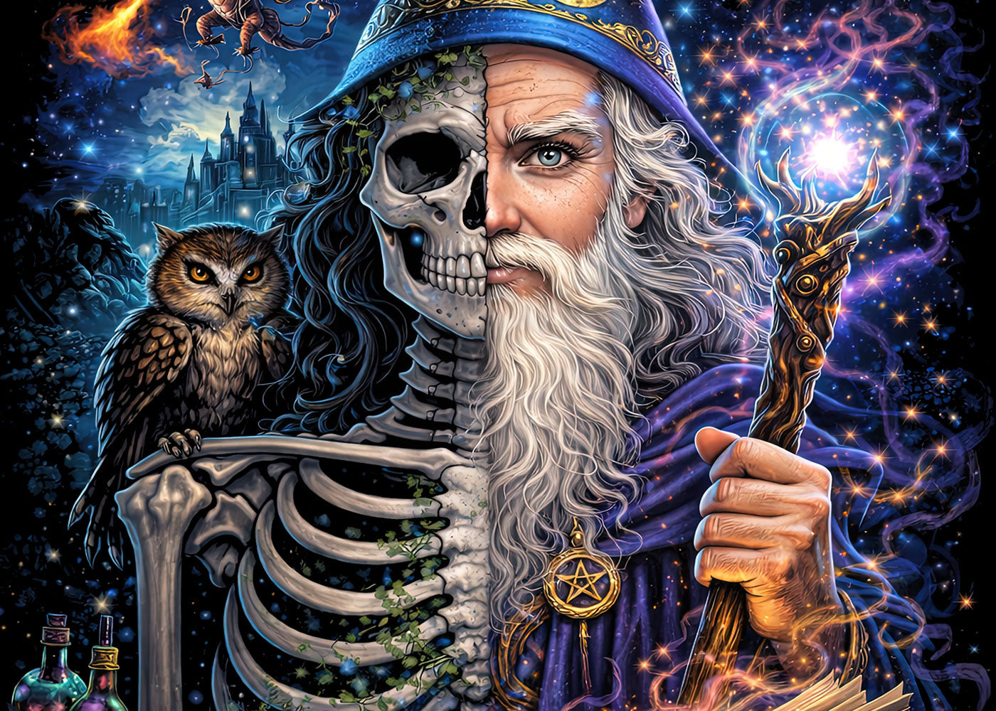 Merlin Wizard T Shirt Gothic Skeleton Magic Fantasy Unisex Graphic Tee