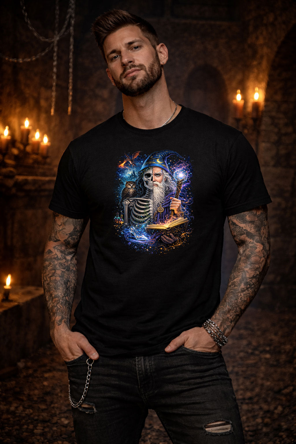 Merlin Wizard T Shirt Gothic Skeleton Magic Fantasy Unisex Graphic Tee