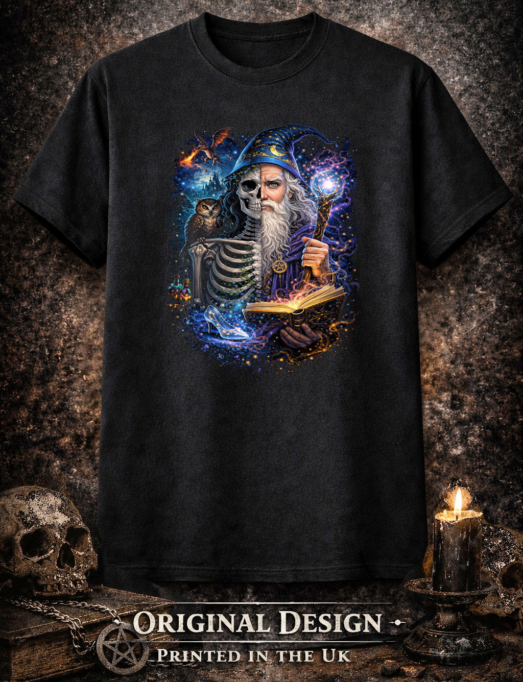 Merlin Wizard T Shirt Gothic Skeleton Magic Fantasy Unisex Graphic Tee