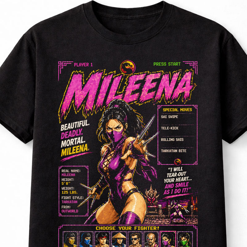 Mileena Mortal Kombat T-Shirt Retro Arcade Fighting Game Graphic Tee Classic Female Fighter Villain Character Shirt Sai Warrior Adults & Kids Unisex T-Shirt