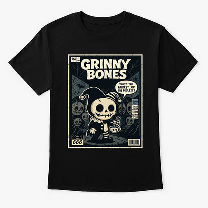 Grinny Bones Unisex T-Shirt – Sinister Skeleton Jester Dark Mirror Horror Streetwear Tee