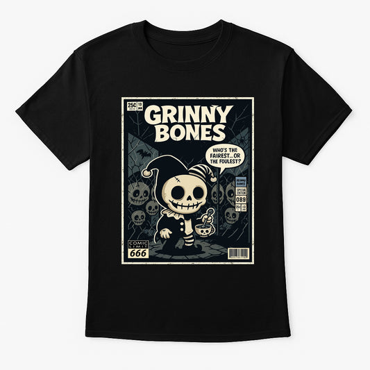 Grinny Bones Unisex T-Shirt – Sinister Skeleton Jester Dark Mirror Horror Streetwear Tee