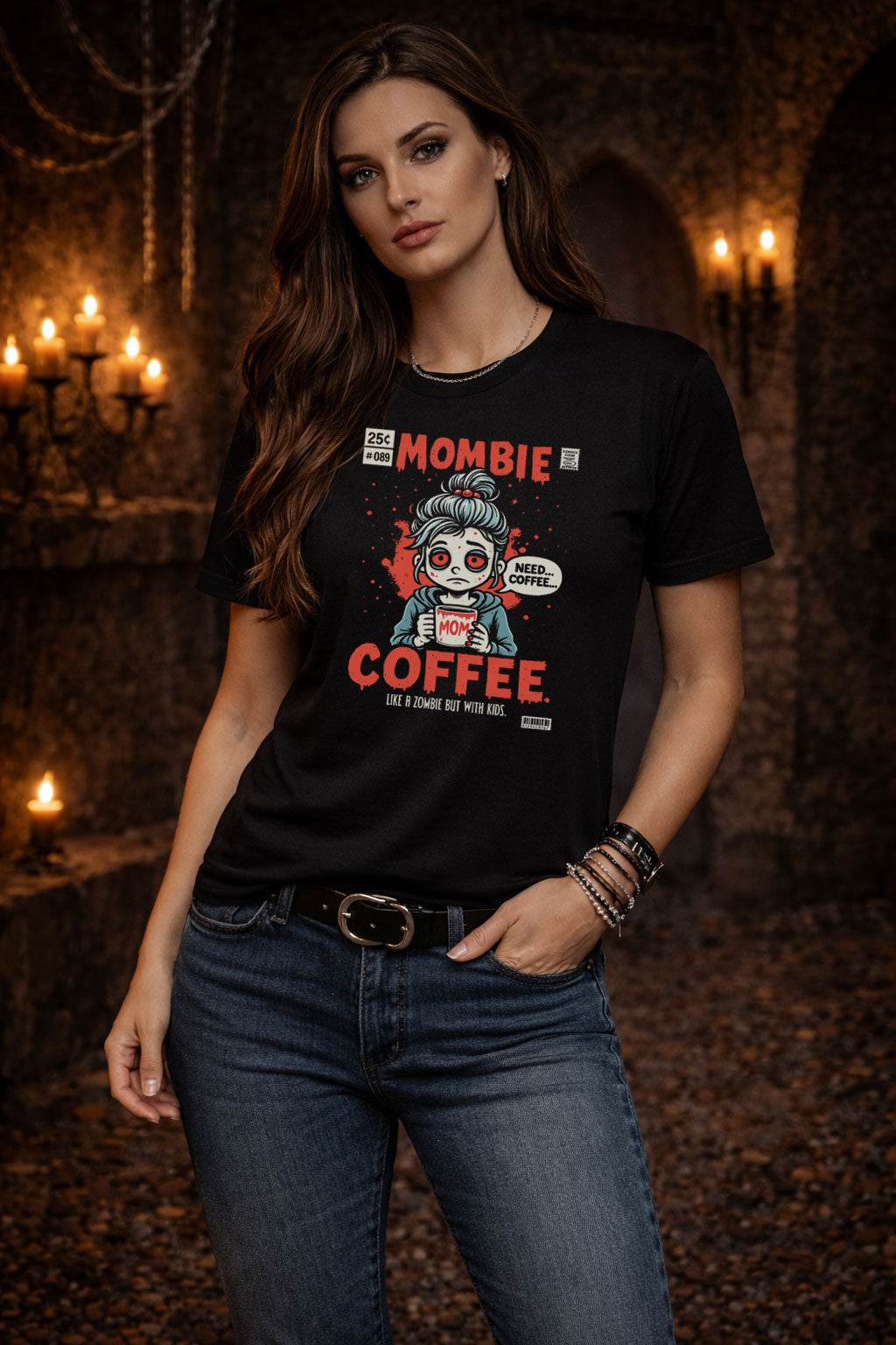 Mombie Zombie Mom Coffee T Shirt Funny Tired Mum Horror Comic Graphic Tee