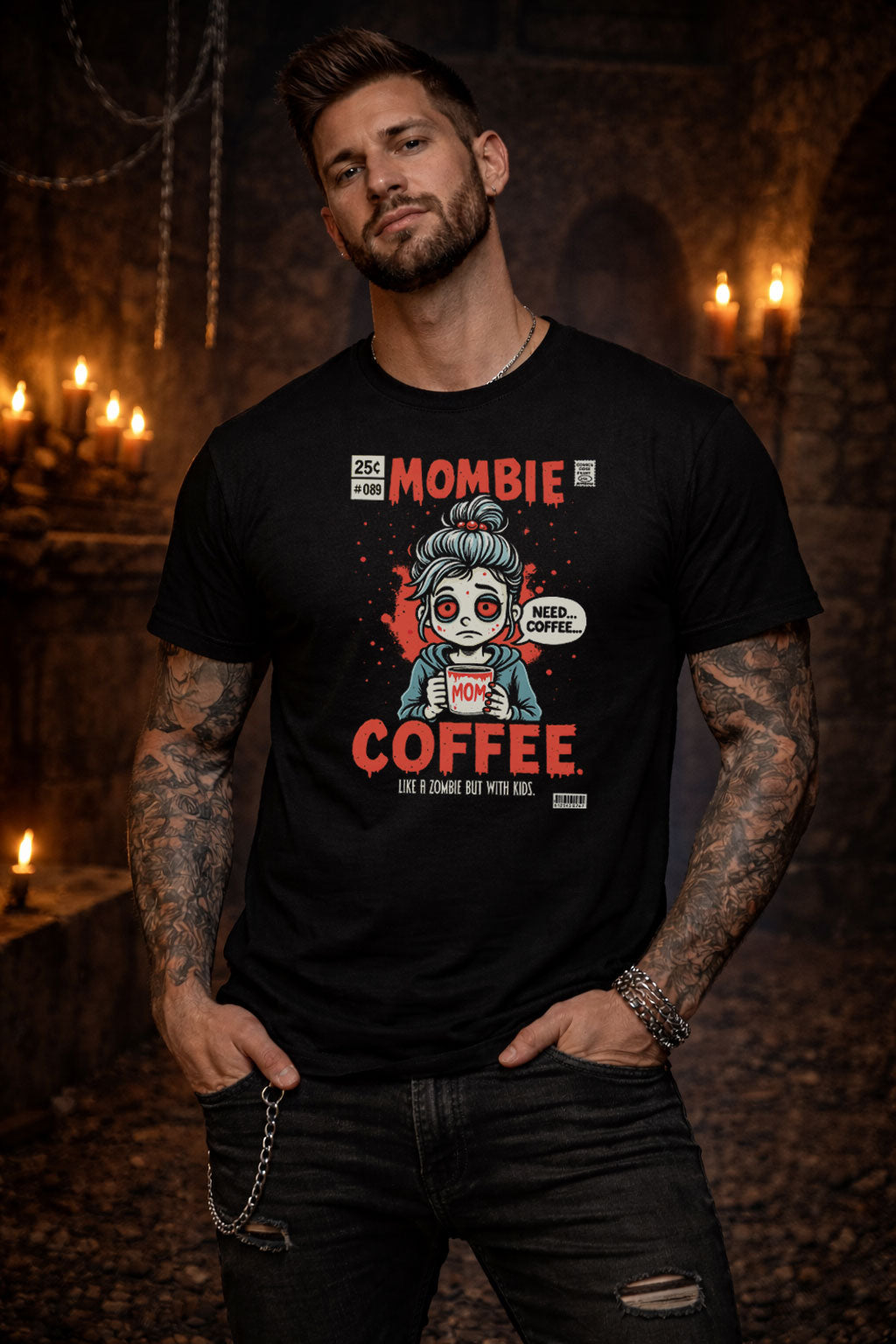 Mombie Zombie Mom Coffee T Shirt Funny Tired Mum Horror Comic Graphic Tee