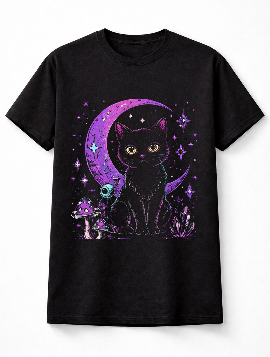 Black Cat Moon Witchy Gothic Crystal Fantasy Unisex T-Shirt