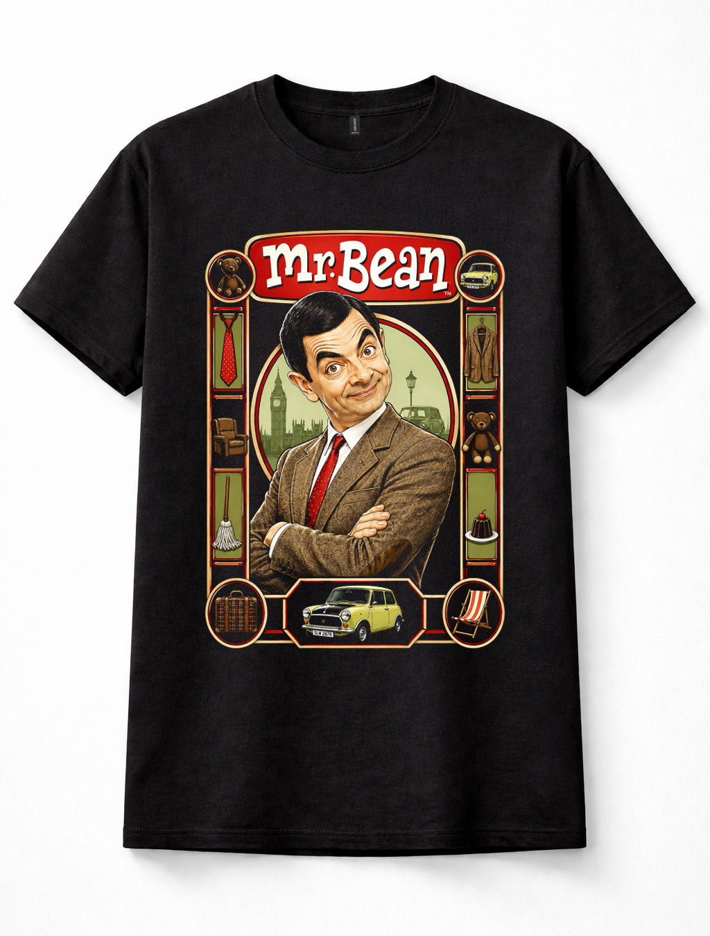 Mr Bean Rowan Atkinson Teddy Mini Cooper British Comedy Retro Black Unisex T-Shirt