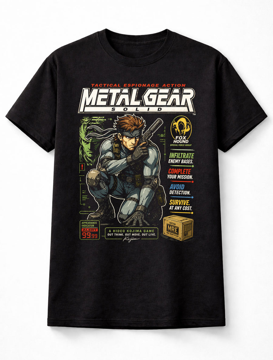 Metal Gear Solid T-Shirt Solid Snake Tactical Espionage Action Graphic Tee PlayStation Stealth Game Character Shirt Foxhound Gamer Adults & Kids Unisex T-Shirt