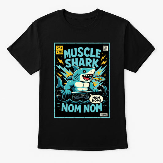 Muscle Shark unisex t-shirt featuring cartoon shark lifting barbell with comic-style design, blue and black gym shirt printed on black cotton tee