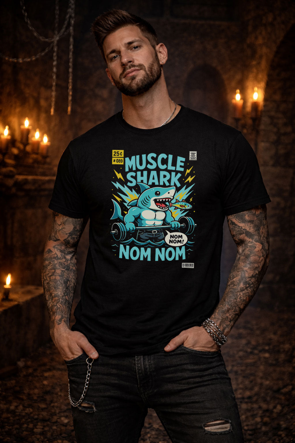 Muscle Shark Gym T Shirt Funny Shark Weightlifting Cartoon Fitness Unisex Tee
