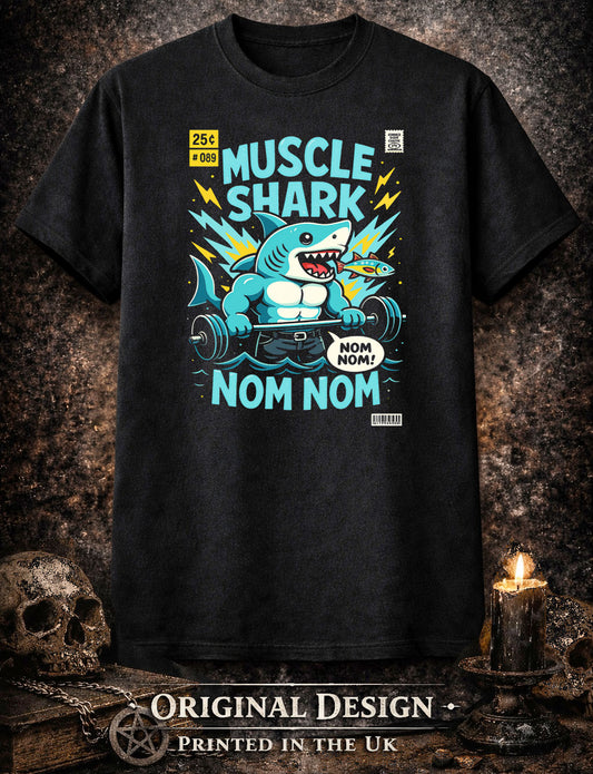 Muscle Shark Gym T Shirt Funny Shark Weightlifting Cartoon Fitness Unisex Tee