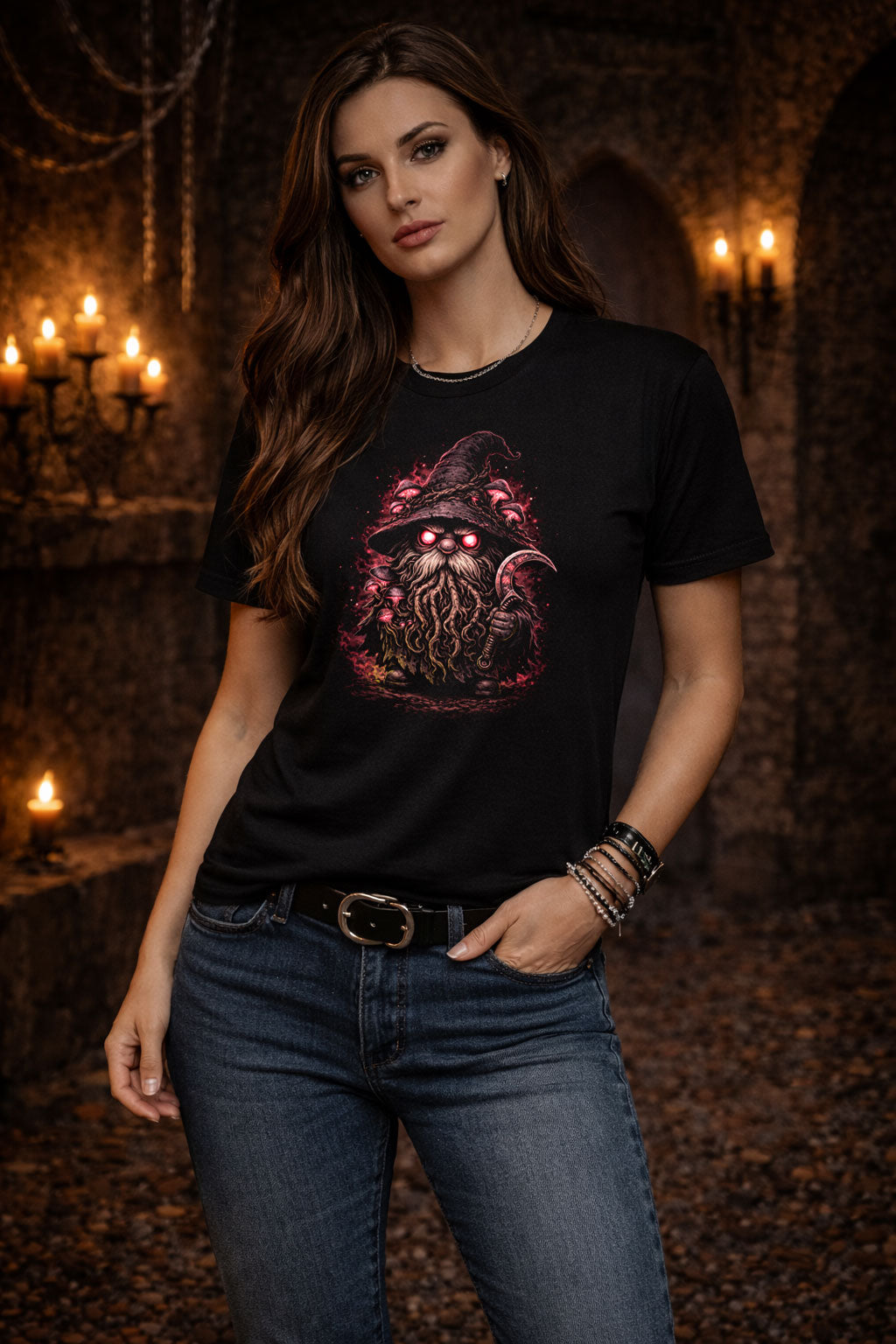 Mushroom Gnome Unisex Graphic Black Outdoors T-Shirt Dark Nature Sickle Tee