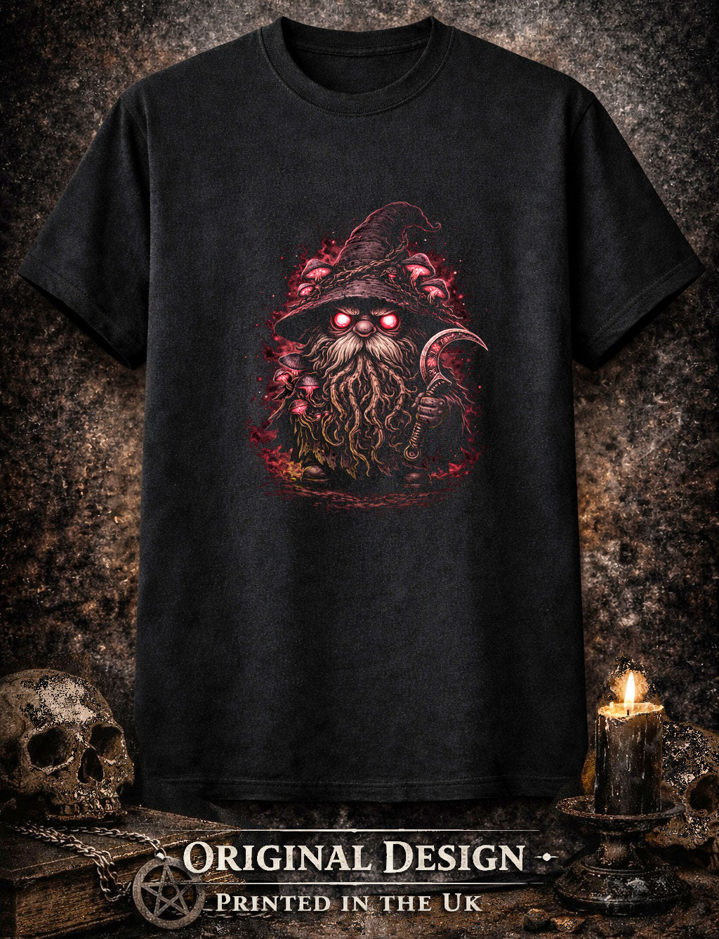 Mushroom Gnome Unisex Graphic Black Outdoors T-Shirt Dark Nature Sickle Tee