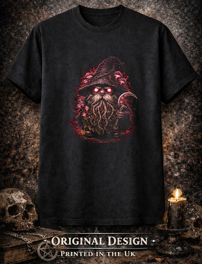 Mushroom Gnome Unisex Graphic Black Outdoors T-Shirt Dark Nature Sickle Tee