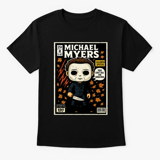 Michael Myers “You Can’t Kill the Boogeyman” Halloween Graphic Tee – Retro Horror Comic Style T-Shirt