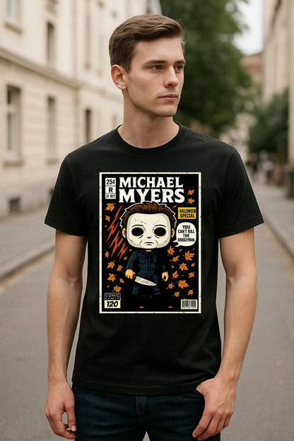 Michael Myers “You Can’t Kill the Boogeyman” Halloween Graphic Tee – Retro Horror Comic Style T-Shirt