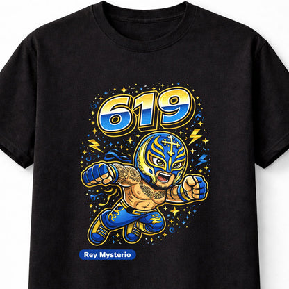 Rey Mysterio 619 WWE Cartoon Wrestler T-Shirt Lucha Mask Tee Unisex Adults & Kids