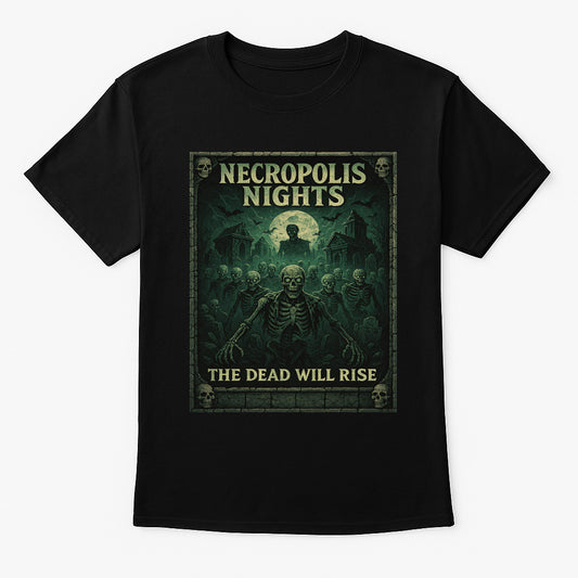 Necropolis Nights “The Dead Will Rise” Unisex T-Shirt – Undead Horror Gothic Graveyard Tee