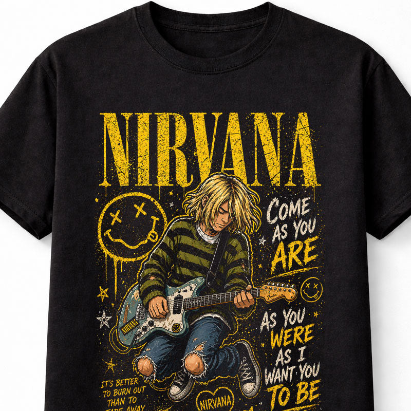 Nirvana Graphic T-Shirt Grunge Rock Band Tee Come As You Are Design Vintage 90s Alternative Yellow Black Distressed Adults & Kids Unisex T-Shirt