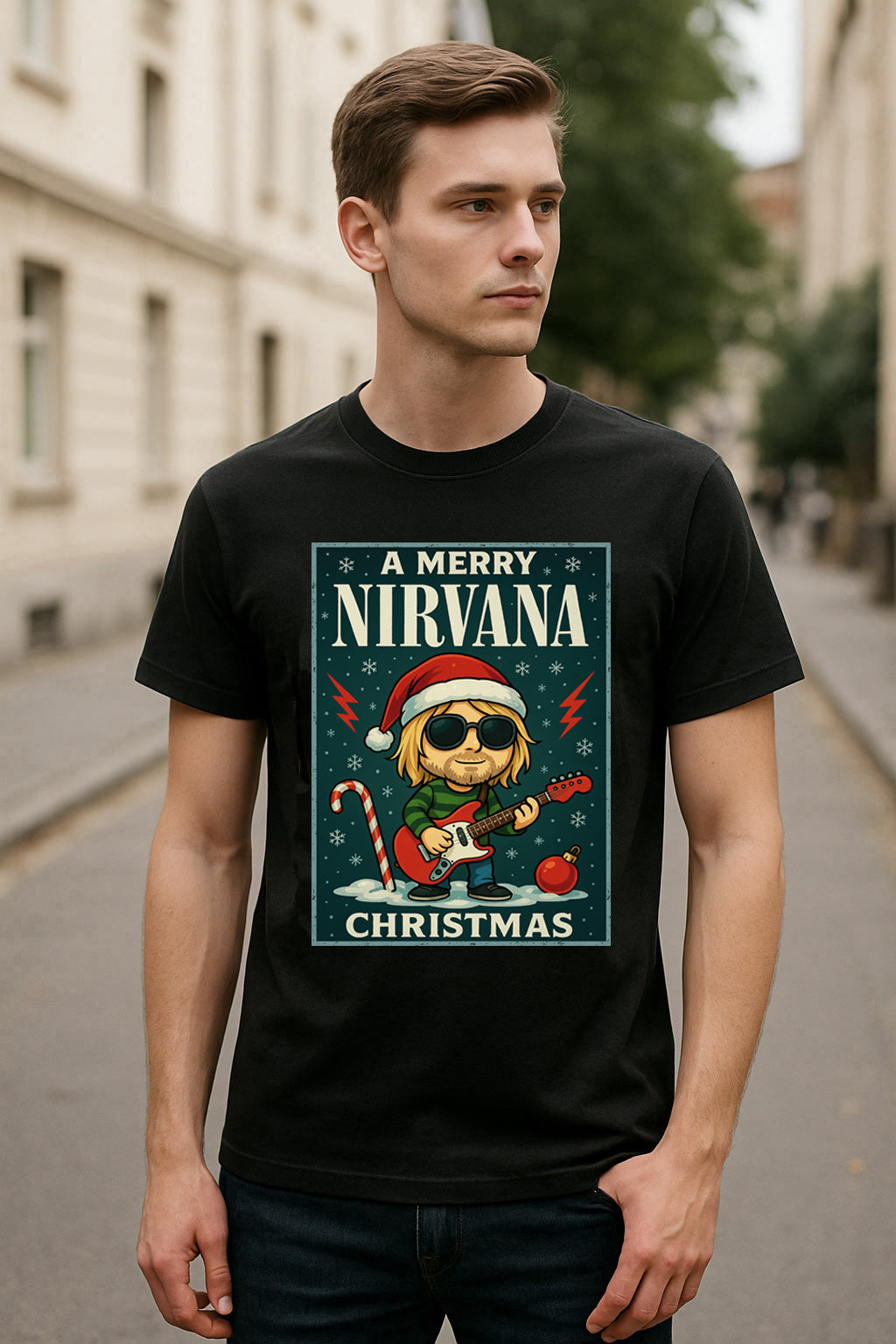 Nirvana Kurt Cobain Merry Christmas Cartoon X-Mas Unisex T-Shirt Adults & Kids