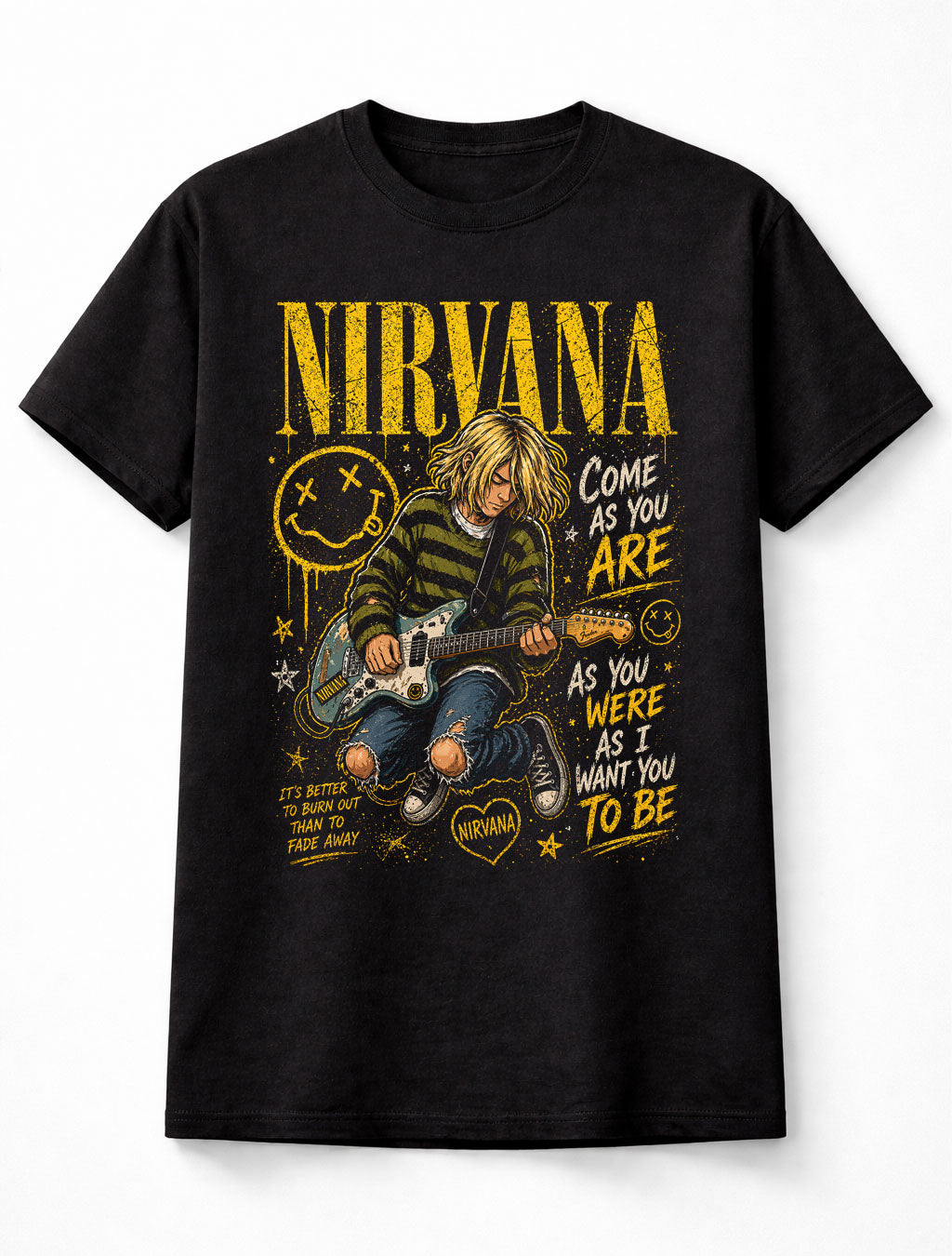 Nirvana Graphic T-Shirt Grunge Rock Band Tee Come As You Are Design Vintage 90s Alternative Yellow Black Distressed Adults & Kids Unisex T-Shirt