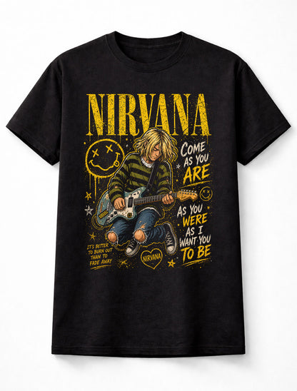 Nirvana Graphic T-Shirt Grunge Rock Band Tee Come As You Are Design Vintage 90s Alternative Yellow Black Distressed Adults & Kids Unisex T-Shirt