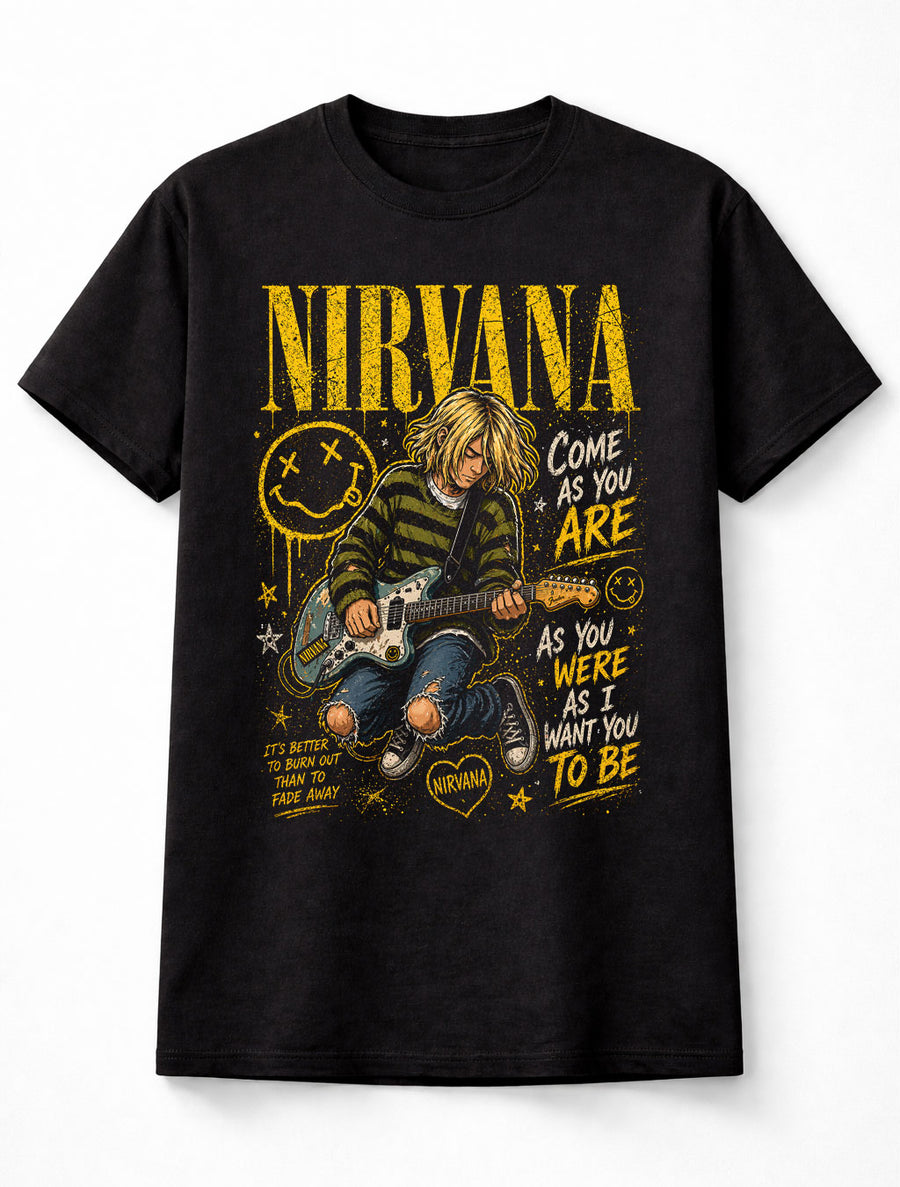 Nirvana Graphic T-Shirt Grunge Rock Band Tee Come As You Are Design Vintage 90s Alternative Yellow Black Distressed Adults & Kids Unisex T-Shirt