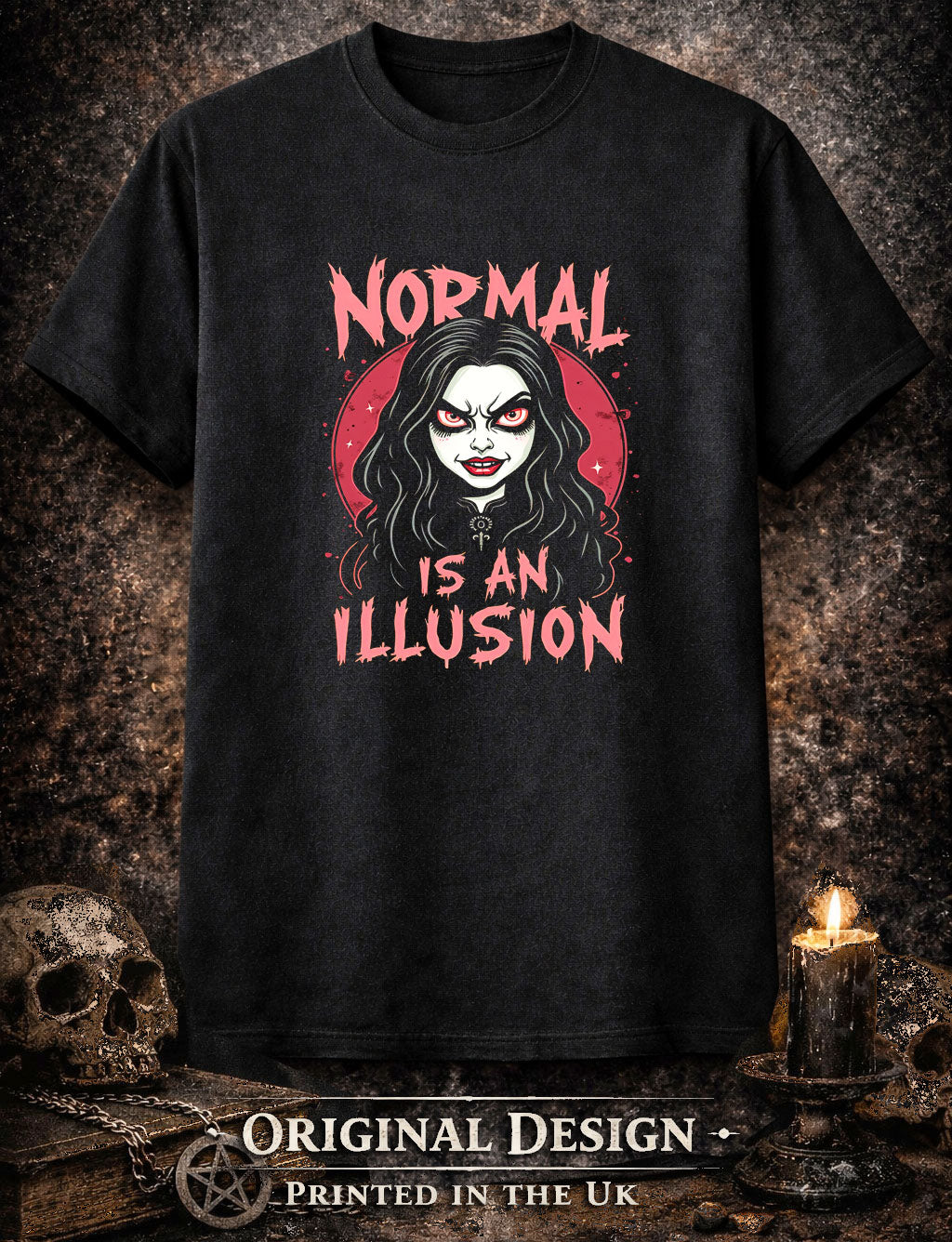 Normal Is An Illusion Gothic Vampire Girl Horror Quote Unisex Graphic T Shirt