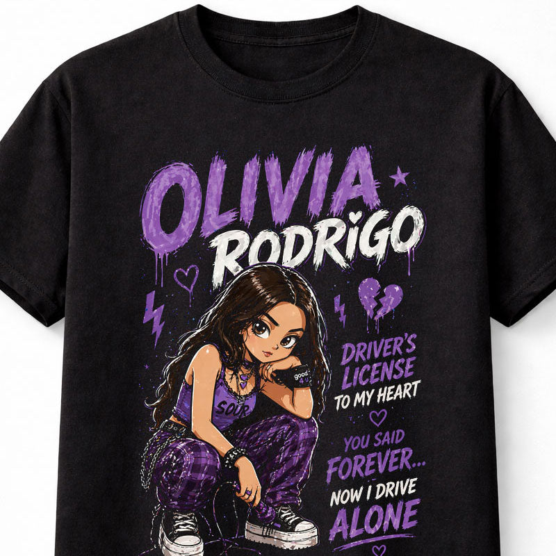 Olivia Rodrigo Drivers License Graphic T-Shirt Pop Music Singer Fan Tee Sour Album Lyrics Shirt Adult & Kids Unisex T-Shirt